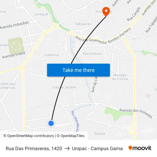 Rua Das Primaveras, 1420 to Unipac - Campus Gama map