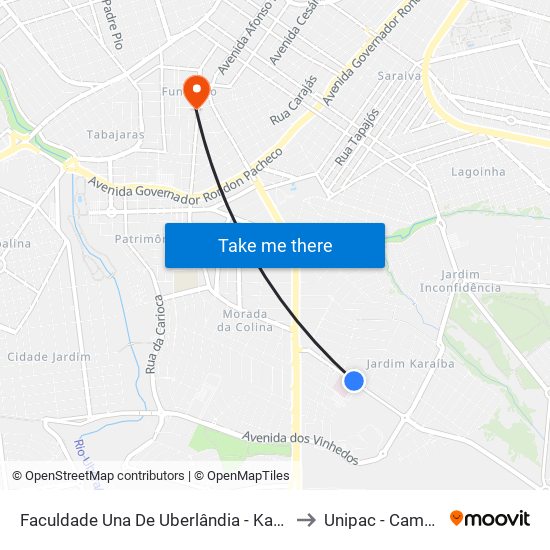 Faculdade Una De Uberlândia -  Karaíba/Ubershopping to Unipac - Campus Gama map