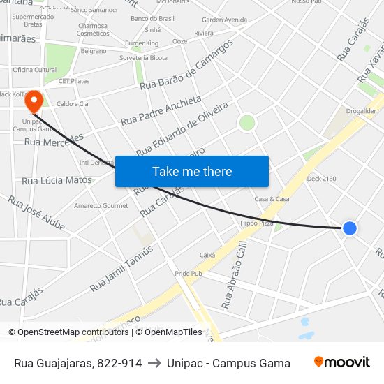 Rua Guajajaras, 822-914 to Unipac - Campus Gama map