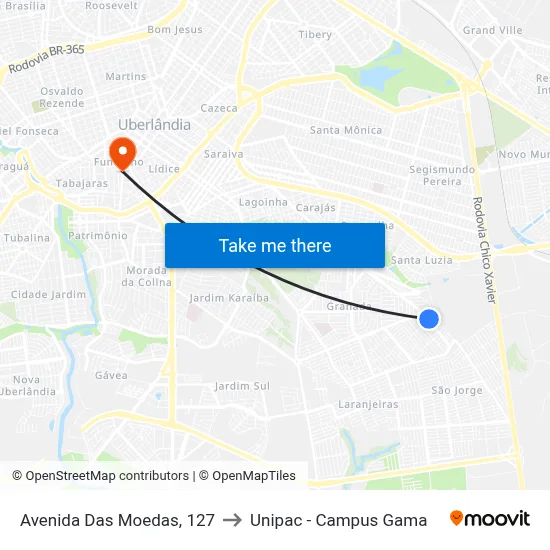 Avenida Das Moedas, 127 to Unipac - Campus Gama map