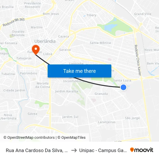 Rua Ana Cardoso Da Silva, 104 to Unipac - Campus Gama map