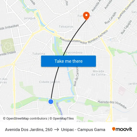 Avenida Dos Jardins, 260 to Unipac - Campus Gama map