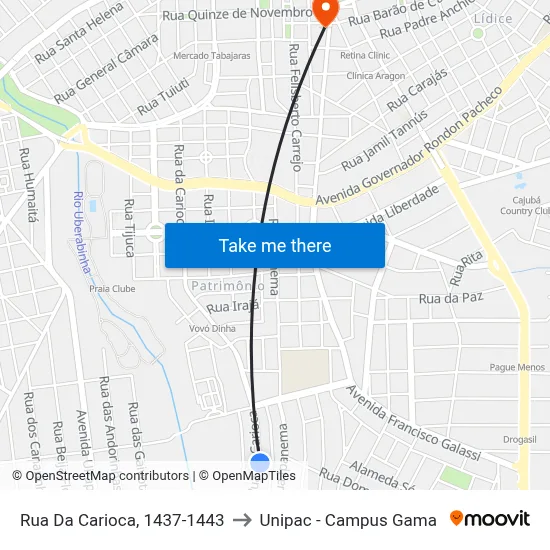 Rua Da Carioca, 1437-1443 to Unipac - Campus Gama map
