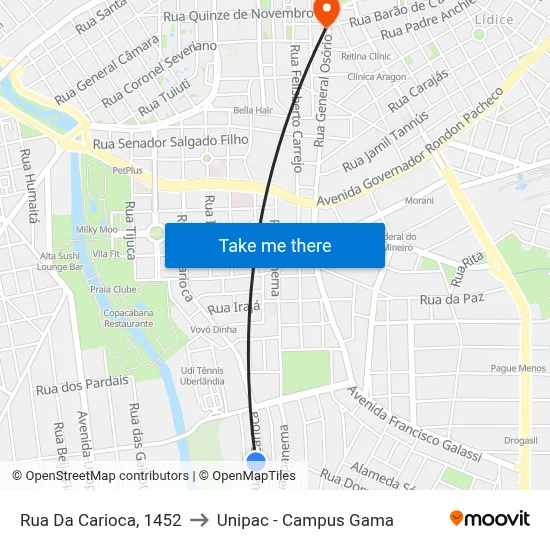 Rua Da Carioca, 1452 to Unipac - Campus Gama map