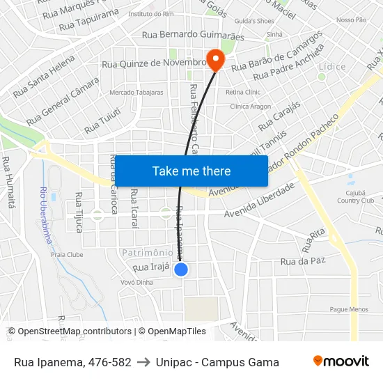 Rua Ipanema, 476-582 to Unipac - Campus Gama map