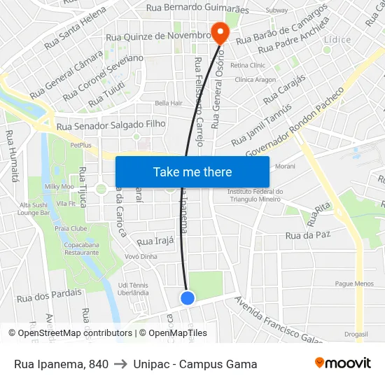 Rua Ipanema, 840 to Unipac - Campus Gama map