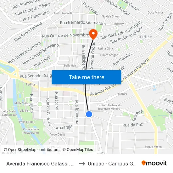 Avenida Francisco Galassi, 1066 to Unipac - Campus Gama map