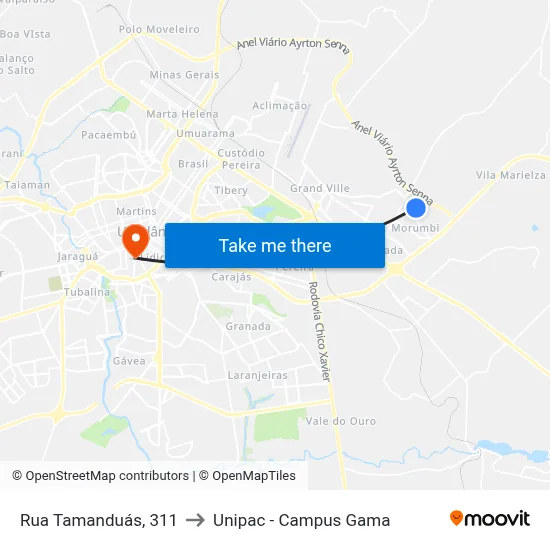Rua Tamanduás, 311 to Unipac - Campus Gama map