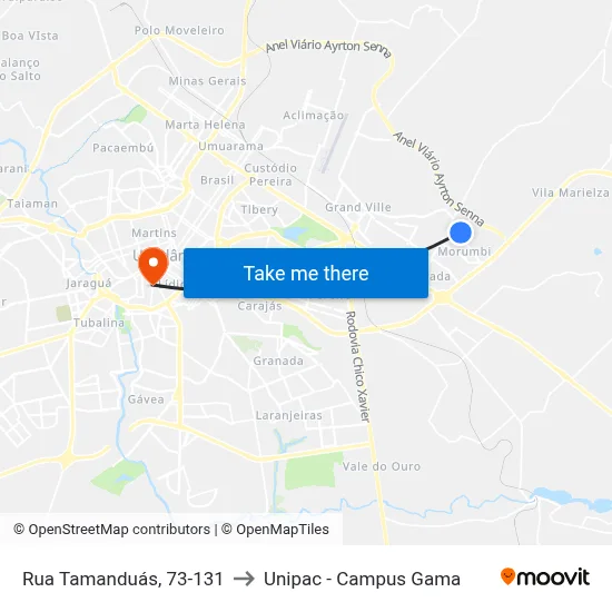 Rua Tamanduás, 73-131 to Unipac - Campus Gama map