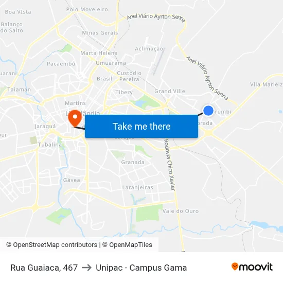Rua Guaiaca, 467 to Unipac - Campus Gama map