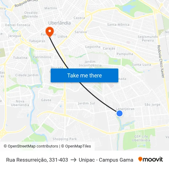 Rua Ressurreição, 331-403 to Unipac - Campus Gama map