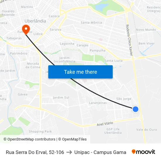 Rua Serra Do Erval, 52-106 to Unipac - Campus Gama map