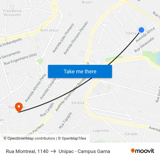 Rua Montreal, 1140 to Unipac - Campus Gama map