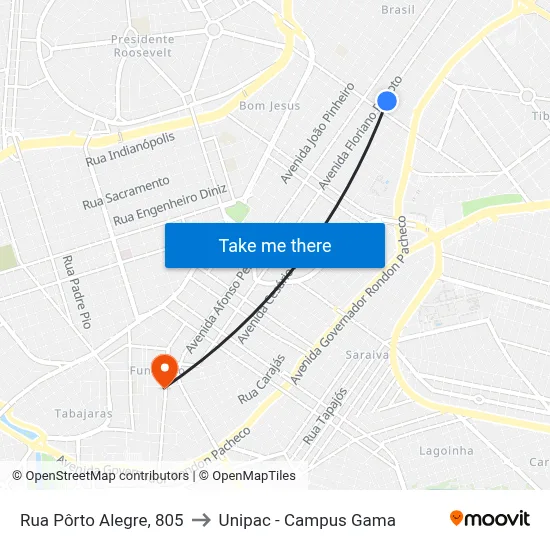 Rua Pôrto Alegre, 805 to Unipac - Campus Gama map