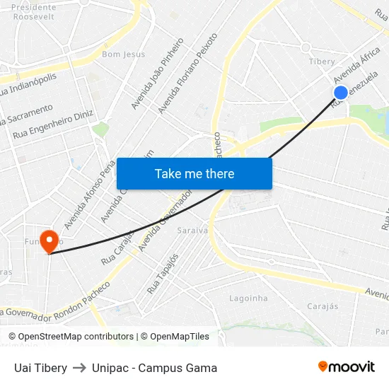 Uai Tibery to Unipac - Campus Gama map