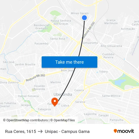 Rua Ceres, 1615 to Unipac - Campus Gama map