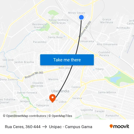 Rua Ceres, 360-444 to Unipac - Campus Gama map
