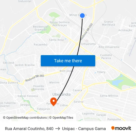 Rua Amaral Coutinho, 840 to Unipac - Campus Gama map