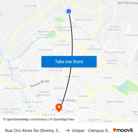 Rua Ciro Alves De Oliveira, 362-444 to Unipac - Campus Gama map