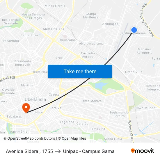 Avenida Sideral, 1755 to Unipac - Campus Gama map