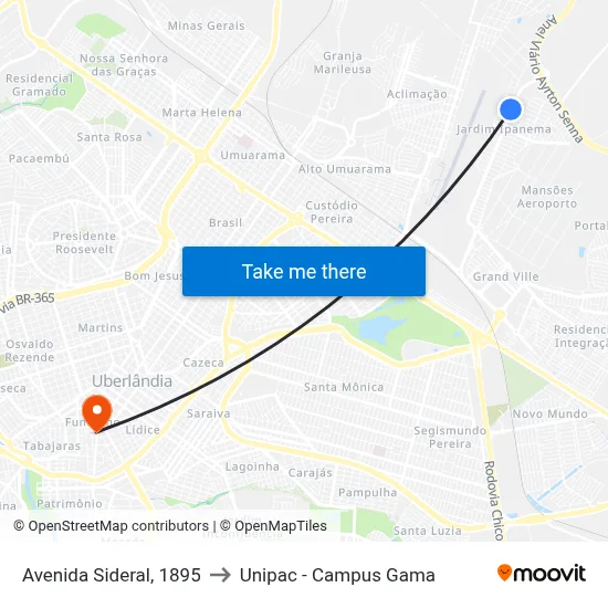Avenida Sideral, 1895 to Unipac - Campus Gama map