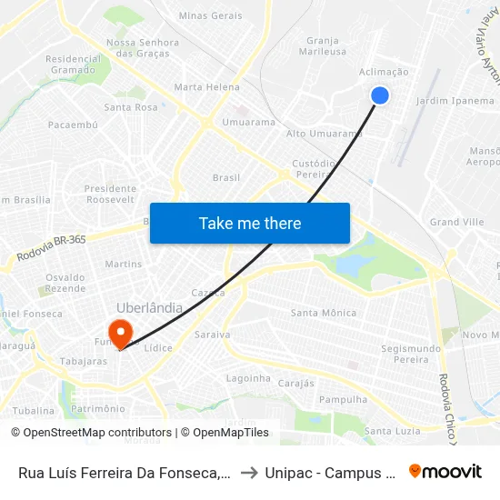 Rua Luís Ferreira Da Fonseca, 33-113 to Unipac - Campus Gama map