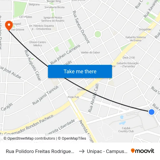 Rua Polidoro Freitas Rodrigues, 410-596 to Unipac - Campus Gama map