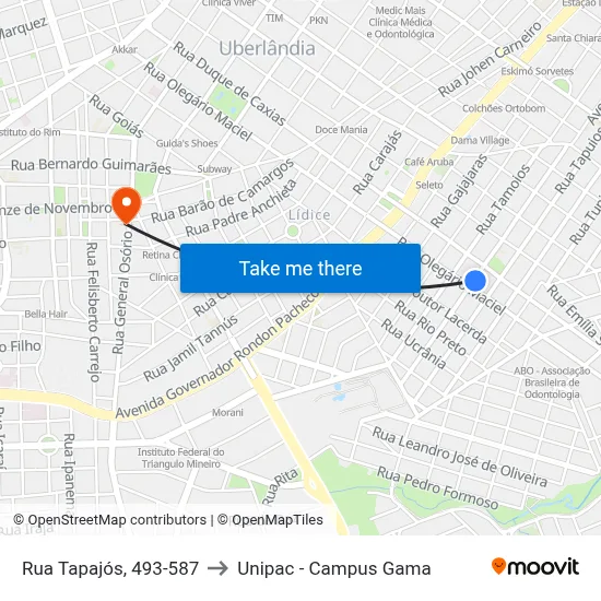 Rua Tapajós, 493-587 to Unipac - Campus Gama map