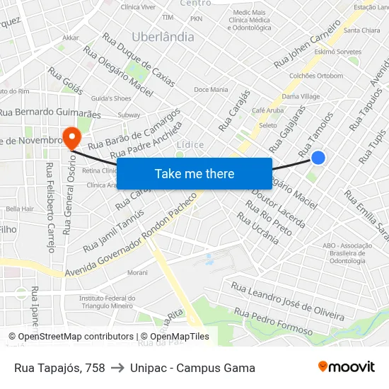 Rua Tapajós, 758 to Unipac - Campus Gama map