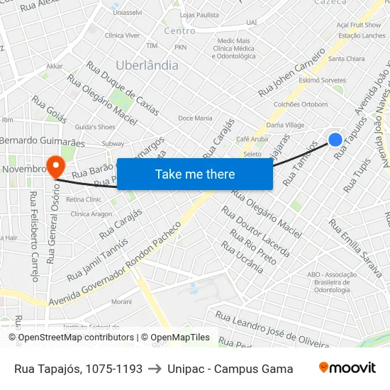 Rua Tapajós, 1075-1193 to Unipac - Campus Gama map