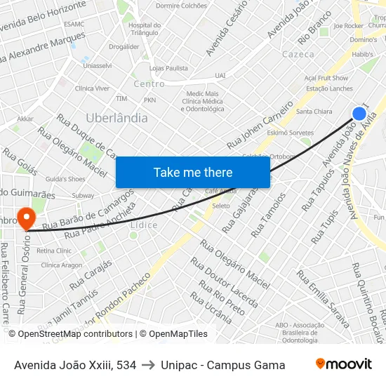Avenida João Xxiii, 534 to Unipac - Campus Gama map
