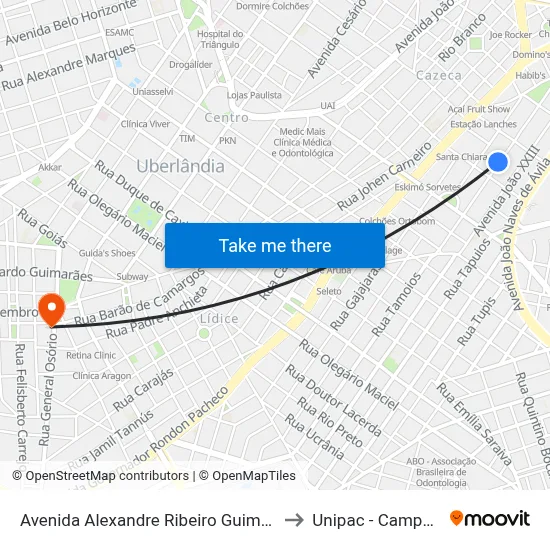 Avenida Alexandre Ribeiro Guimarães, 417-501 to Unipac - Campus Gama map