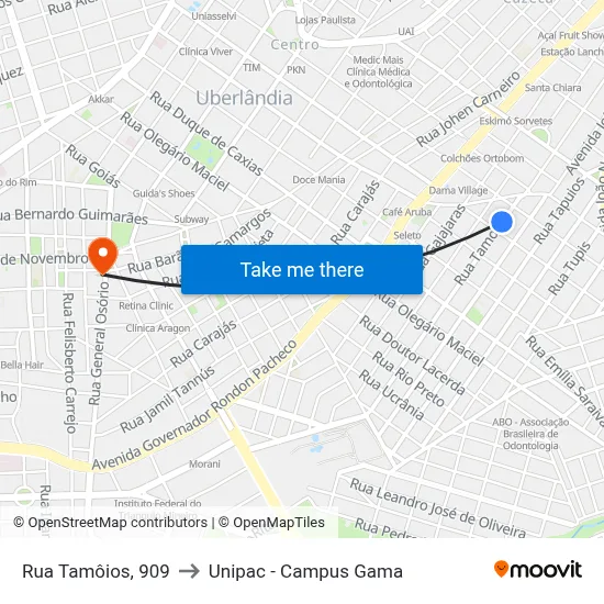 Rua Tamôios, 909 to Unipac - Campus Gama map