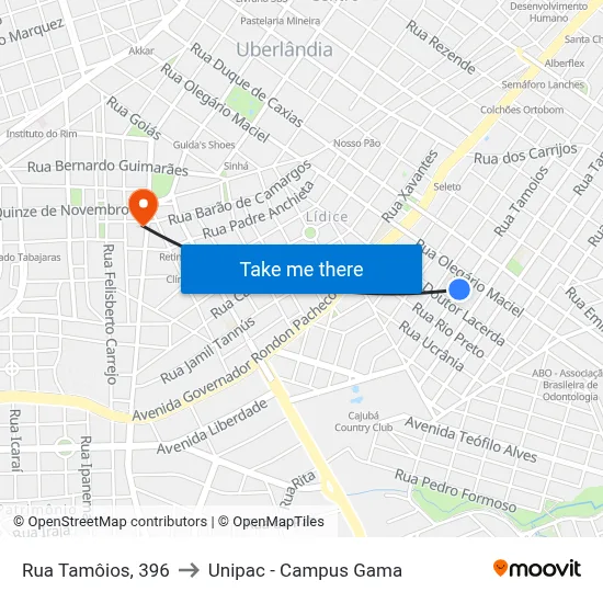 Rua Tamôios, 396 to Unipac - Campus Gama map