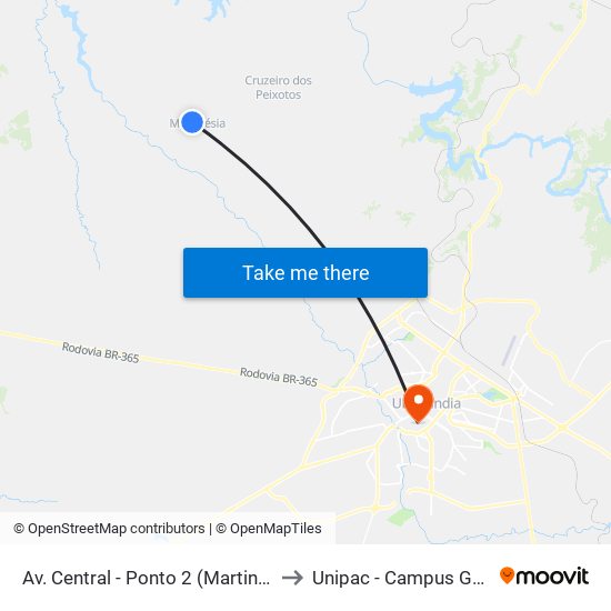 Av. Central - Ponto 2 (Martinésia) to Unipac - Campus Gama map