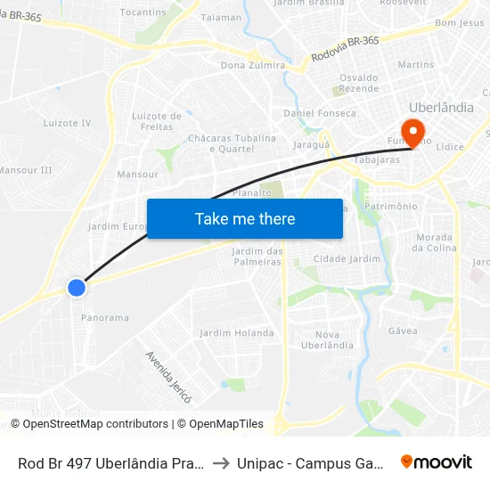 Rod Br 497 Uberlândia Prata to Unipac - Campus Gama map