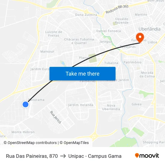 Rua Das Paineiras, 870 to Unipac - Campus Gama map