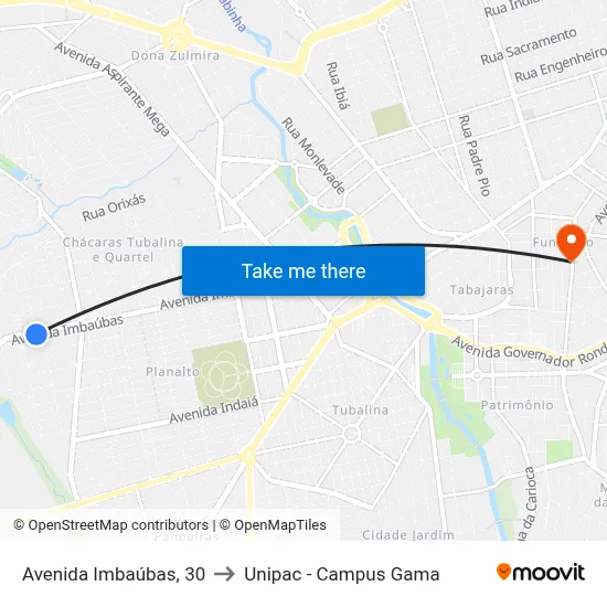 Avenida Imbaúbas, 30 to Unipac - Campus Gama map