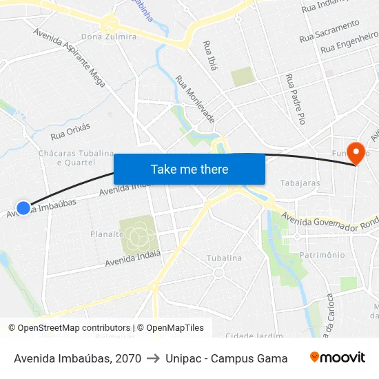 Avenida Imbaúbas, 2070 to Unipac - Campus Gama map