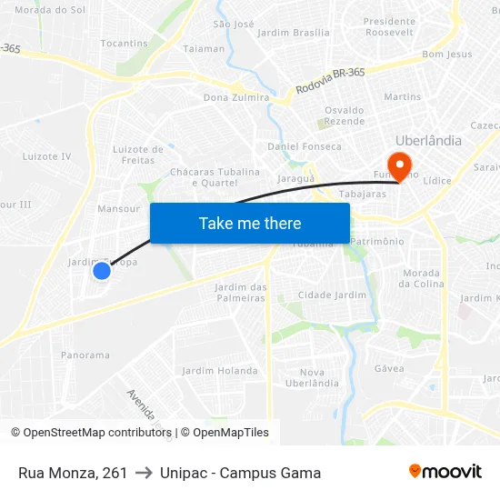 Rua Monza, 261 to Unipac - Campus Gama map