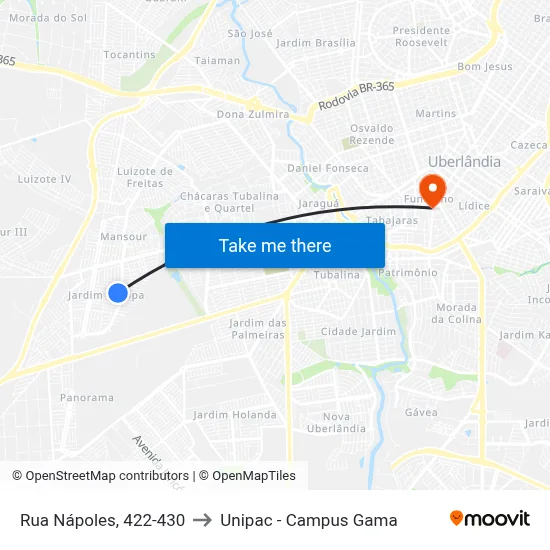 Rua Nápoles, 422-430 to Unipac - Campus Gama map