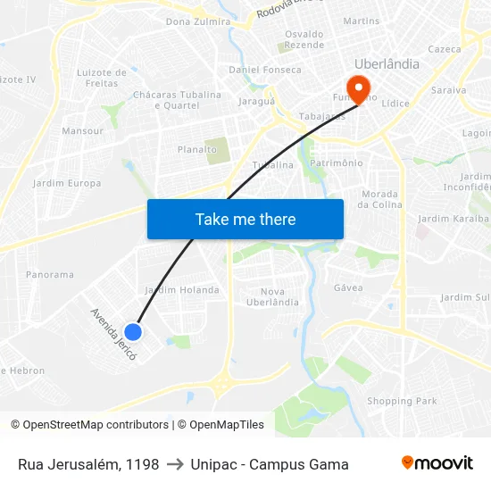 Rua Jerusalém, 1198 to Unipac - Campus Gama map