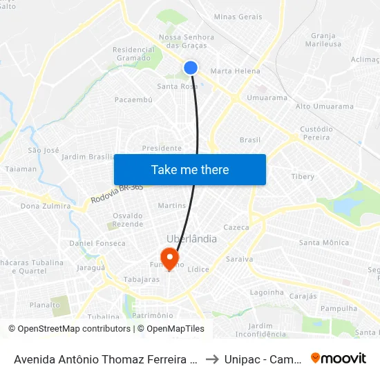 Avenida Antônio Thomaz Ferreira Rezende, 1301-1303 to Unipac - Campus Gama map