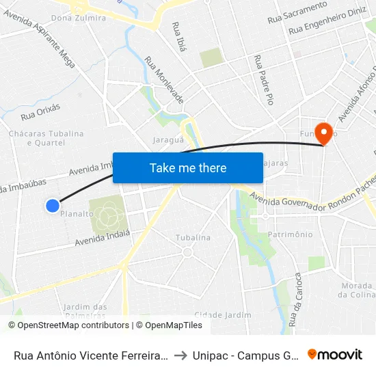 Rua Antônio Vicente Ferreira, 916 to Unipac - Campus Gama map