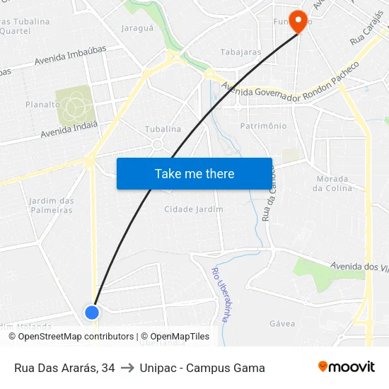 Rua Das Ararás, 34 to Unipac - Campus Gama map