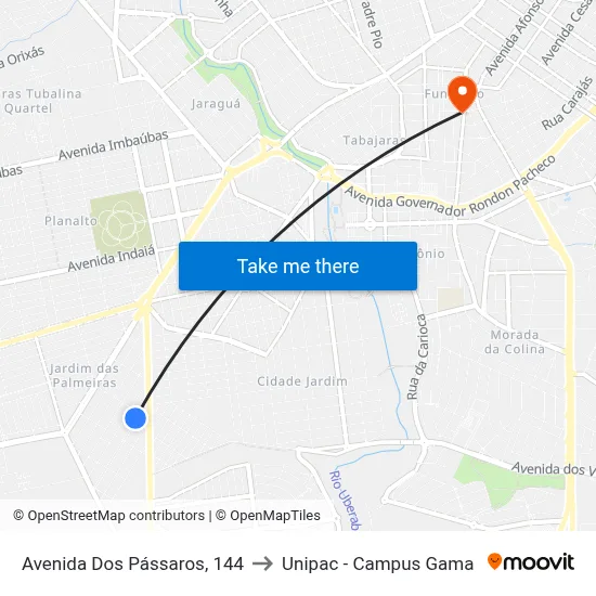 Avenida Dos Pássaros, 144 to Unipac - Campus Gama map