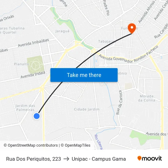 Rua Dos Periquitos, 223 to Unipac - Campus Gama map