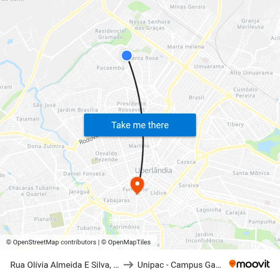 Rua Olívia Almeida E Silva, 50 to Unipac - Campus Gama map