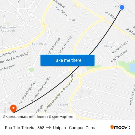 Rua Tito Teixeira, 868 to Unipac - Campus Gama map