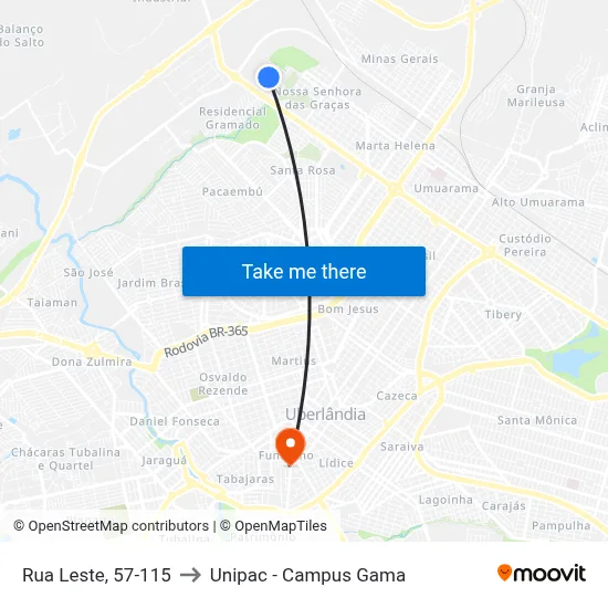 Rua Leste, 57-115 to Unipac - Campus Gama map